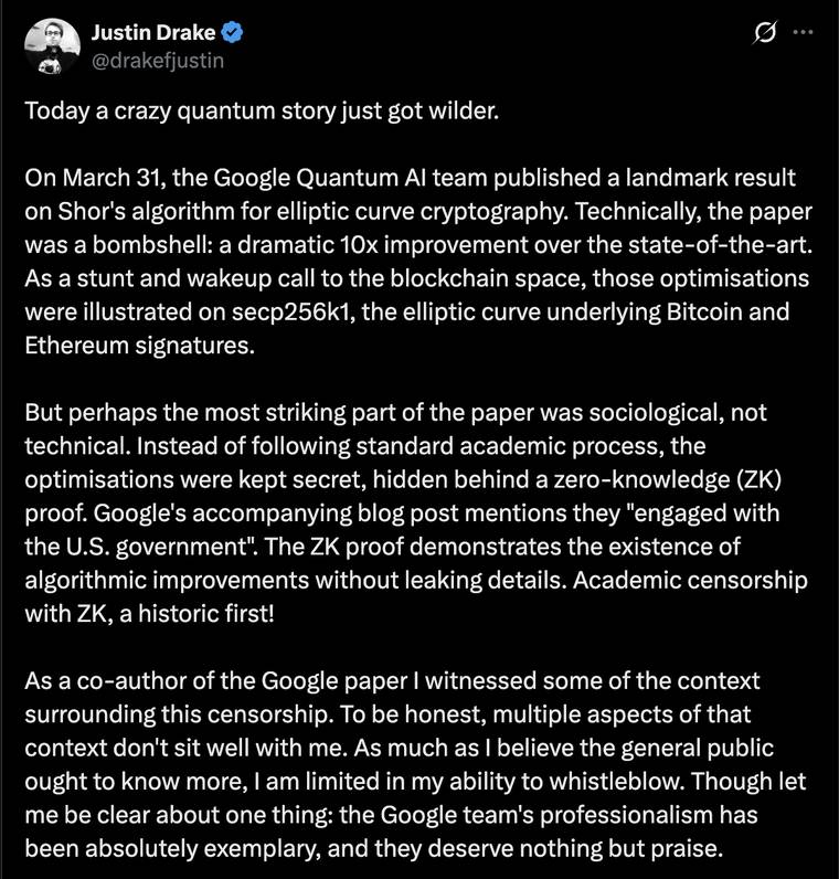 Justin Drake, Ethereum Foundation researcher, on Google Quantum AI's 10x improvement to Shor's algorithm demonstrated on secp256k1.
