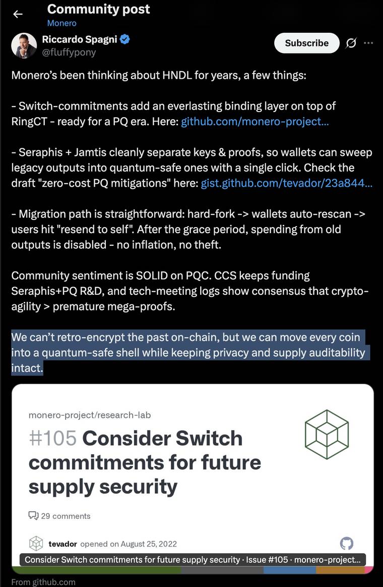 Riccardo Spagni (fluffypony), Monero co-founder: We can't retro-encrypt the past on-chain, but we can move every coin into a quantum-safe shell.